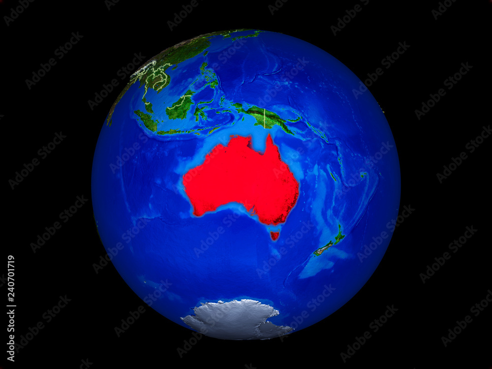 Australia on planet planet Earth with country borders. Extremely detailed planet surface.