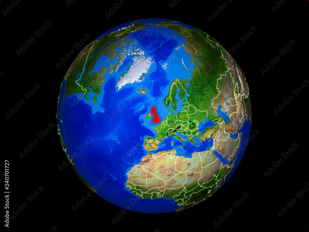 United Kingdom on planet planet Earth with country borders. Extremely detailed planet surface.