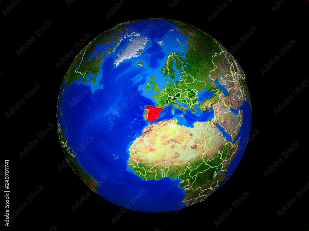 Spain on planet planet Earth with country borders. Extremely detailed planet surface.