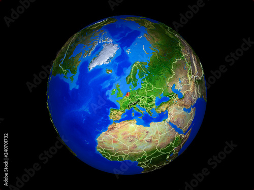 Netherlands on planet planet Earth with country borders. Extremely detailed planet surface.