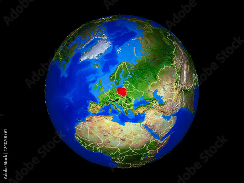 Poland on planet planet Earth with country borders. Extremely detailed planet surface.