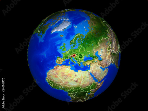 Austria on planet planet Earth with country borders. Extremely detailed planet surface.