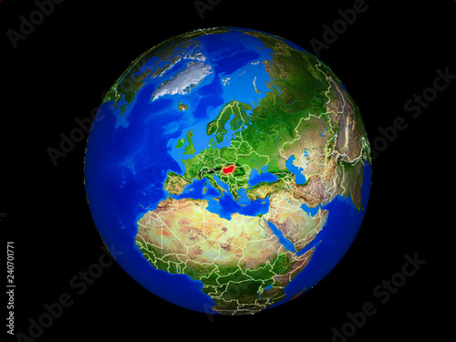 Hungary on planet planet Earth with country borders. Extremely detailed planet surface.