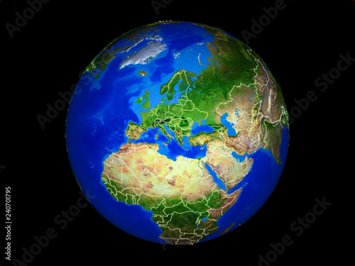 Kosovo on planet planet Earth with country borders. Extremely detailed planet surface.