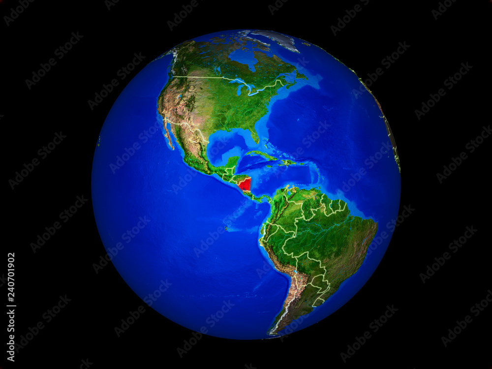 Fototapeta premium Nicaragua on planet planet Earth with country borders. Extremely detailed planet surface.