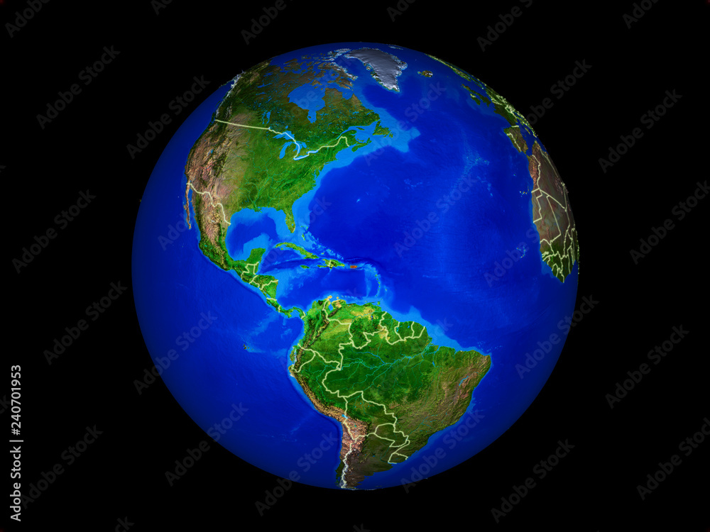 Puerto Rico on planet planet Earth with country borders. Extremely detailed planet surface.