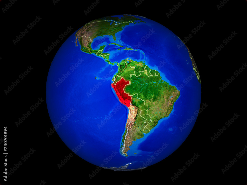 Peru on planet planet Earth with country borders. Extremely detailed planet surface. Peru on planet planet Earth with country borders. Extremely detailed planet surface.
