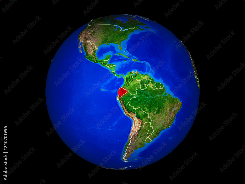 Fototapeta premium Ecuador on planet planet Earth with country borders. Extremely detailed planet surface.