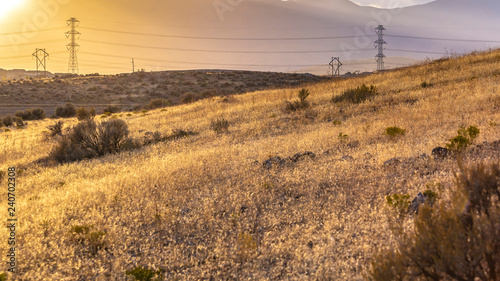 Power lines on grassy hills lit by bright sunlight