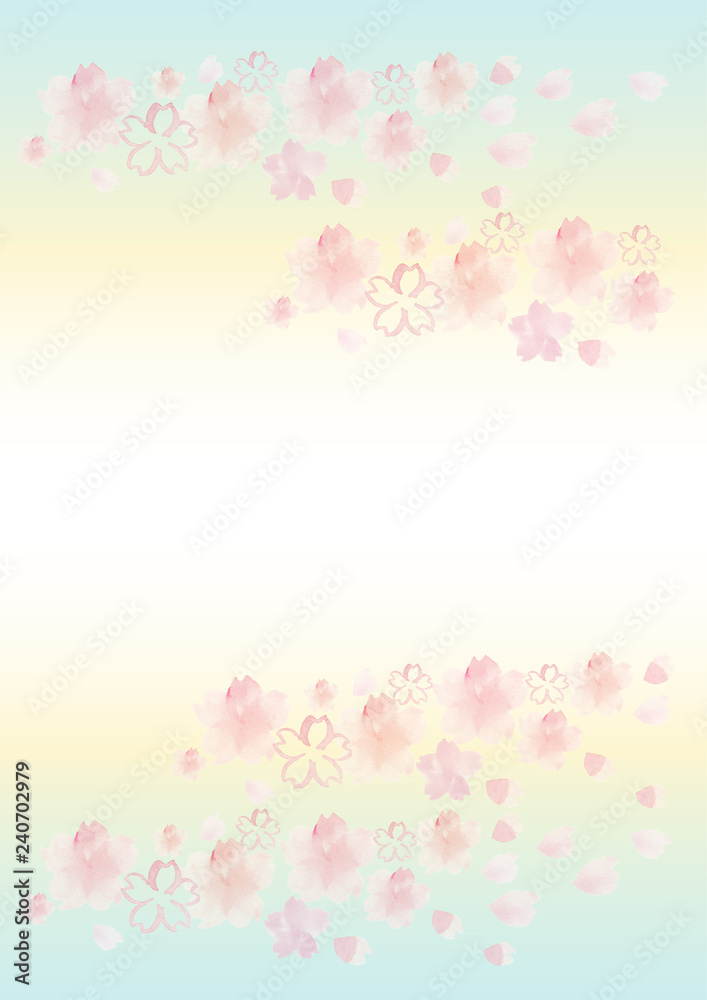 桜　水彩　手描き　背景　ブルーイエロー