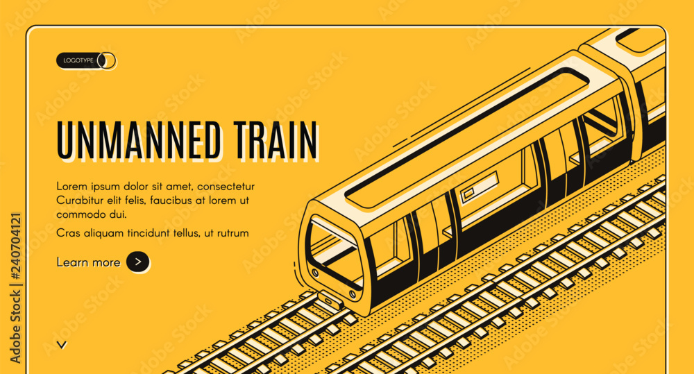 Vector concept banner with unmanned electric train on railway on yellow background. Automated