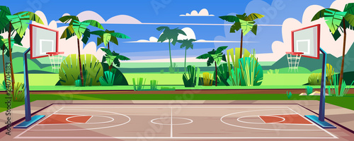 Vector cartoon background of basketball court on street. Green grass, field with outdoor sport arena. Playground for competition, championship. Day backdrop with tropic palms and blue sky.