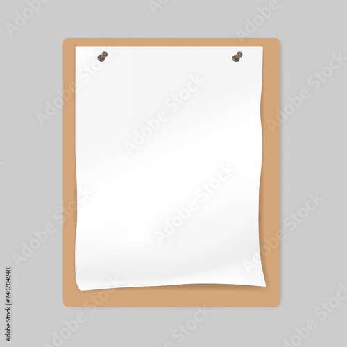 White blank paper sheet attached by pins to bulletin board, mockup