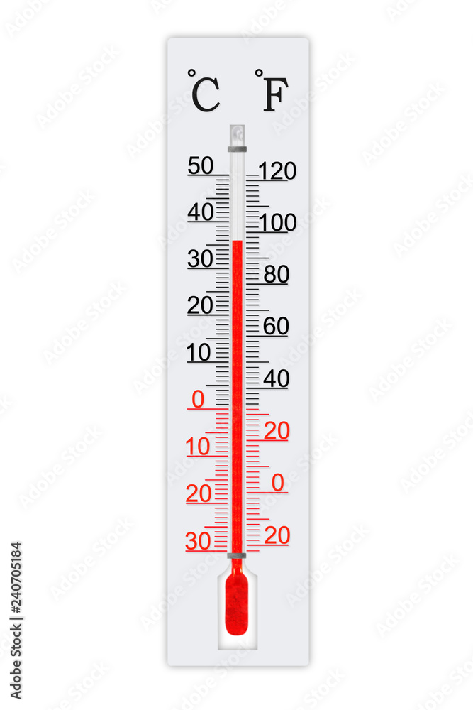 Meteorology thermometer isolated on white background. Thermometer shows air  temperature plus 36 degrees celsius or plus 97 degrees fahrenheit Stock  Photo