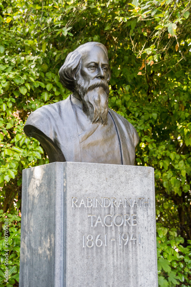 The bronze bust of Rabindranath Tagore in St. Stephen's Green park in Dublin, Ireland. Rabindranath Tagore was an Indian writer and poet.