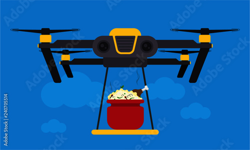 Drone Biryani Delivery Concept Vector Illustration. Quadcopter transporting Biryani, food. Flat style design.