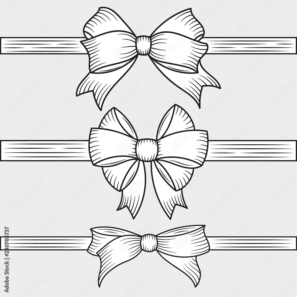 Decorative hand drawn bow with horizontal ribbon isolated. Decoration for traditional holidays and gift boxes. Vector illustration. Decorative hand drawn bow with horizontal ribbon isolated. Decoration for traditional holidays and gift boxes. Vector illustration.