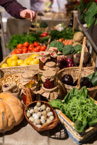 fresh range of vegetables and fruits and home canning on the farm market