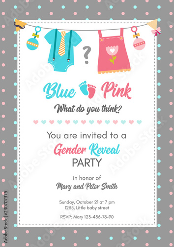 Gender reveal invitation template, baby shower party.