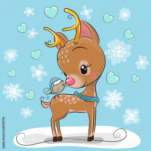 Cartoon Deer with bird on a blue background