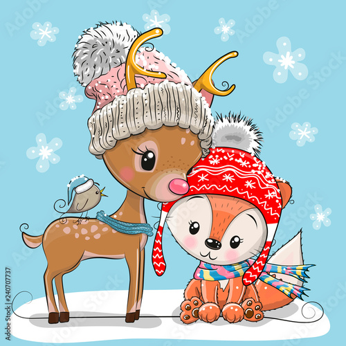 Cute deer fox and bird