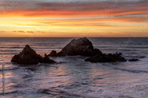 Seal Rocks Islands Winter Sunset. Uninhabited islands in the Pacific Ocean, as seen from Outer Richmond, San Francisco, California, USA.