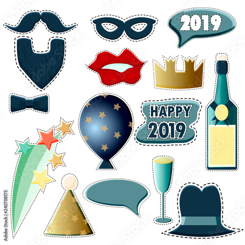 A set of attributes for photo shoots at the New Year's party 2019. New Year Photo Booth Props New Years Eve 2019. Vector illustration. Bottle of champagne balloon mustache beard hat red lips