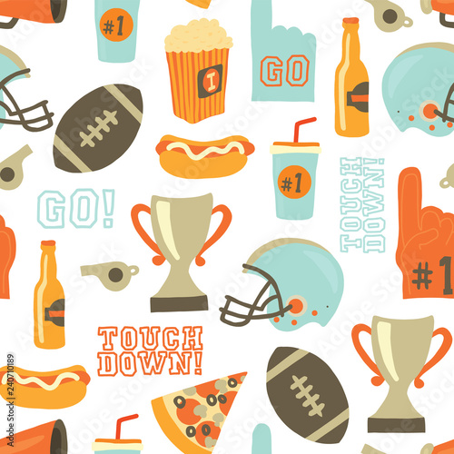 American Football seamless vector pattern. Helmet, trophy, beer, foam finger, fast food, go and touch down lettering. Vintage style background. For tailgate party, super bowl invitation, flyer, decor.
