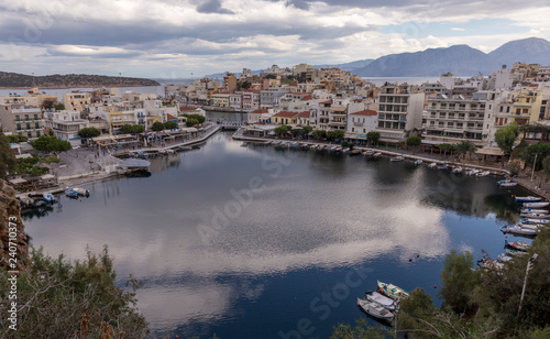 Nikolaos Greece, 12-18-2018. Old Agios Nikolaos harbor in Crete Greece.