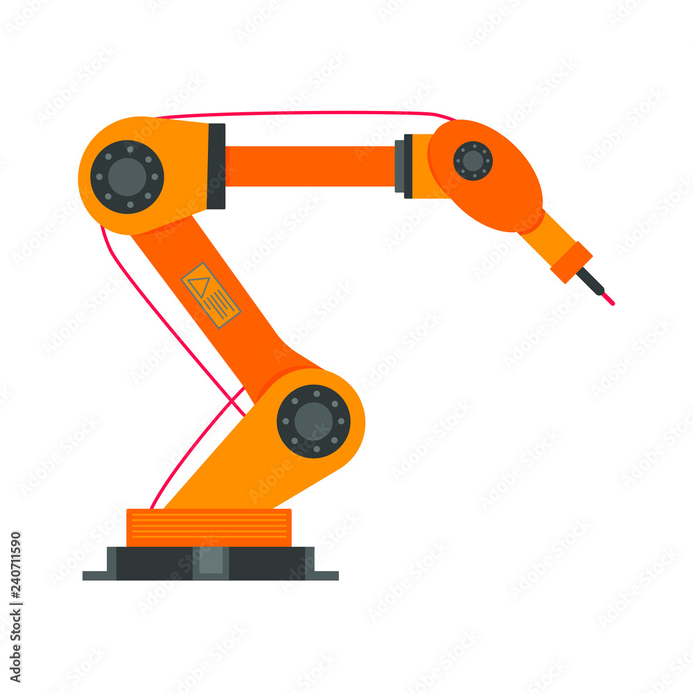 Robotic arm flat style design vector illustration icon sign isolated on white background. Robot arm or hand. Industrial robot manipulator. Modern smart industry 4.0 technology. Automated manufacturing Robotic arm flat style design vector illustration icon sign isolated on white background. Robot arm or hand. Industrial robot manipulator. Modern smart industry 4.0 technology. Automated manufacturing