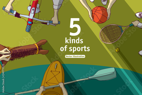 Kinds of sports basketball bicycle horsemanship kayak and tennis