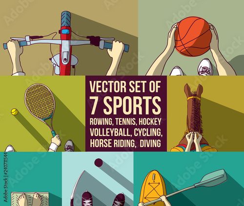 Sports set basketball bicycle horsemanship kayak tennis diving rowing