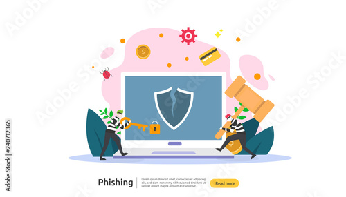password phishing attack concept landing page template. heacker stealing personal internet security with tiny people character. web, banner, presentation, social, and print media. Vector illustration