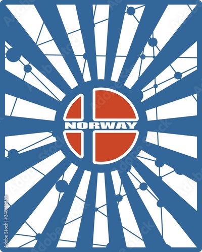 Norway national flag on sunburst background. Card template for national holiday celebration. Blue and white rays textured by lines with dots.