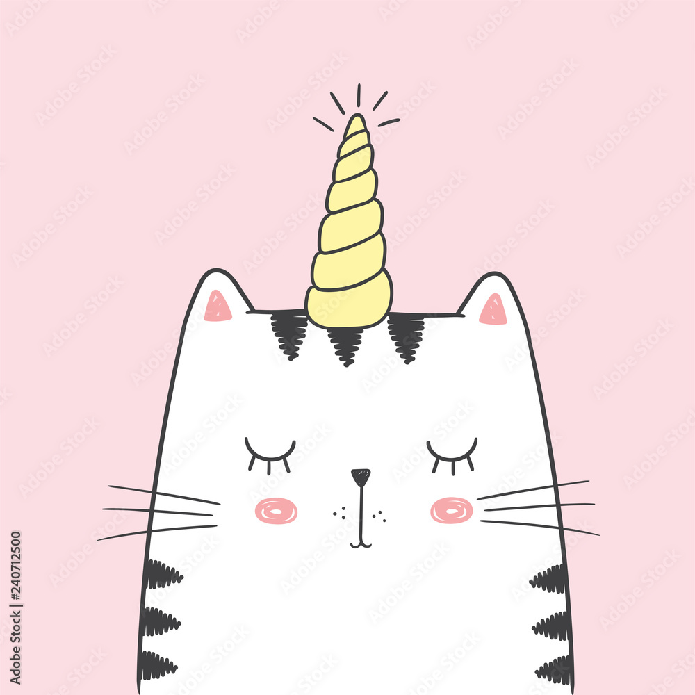 Cute vector illustration with white cat with unicorn horn drawn with a  tablet. Lovely sleeping kitten