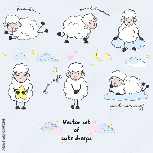 Vector set of cute cartoon walking sleeping sheeeps with clouds,stars, heart, and letterings good night, morning, sweet dreams, baa, hand drawn imitation, drawn with a tablet, fairy tale, isolated