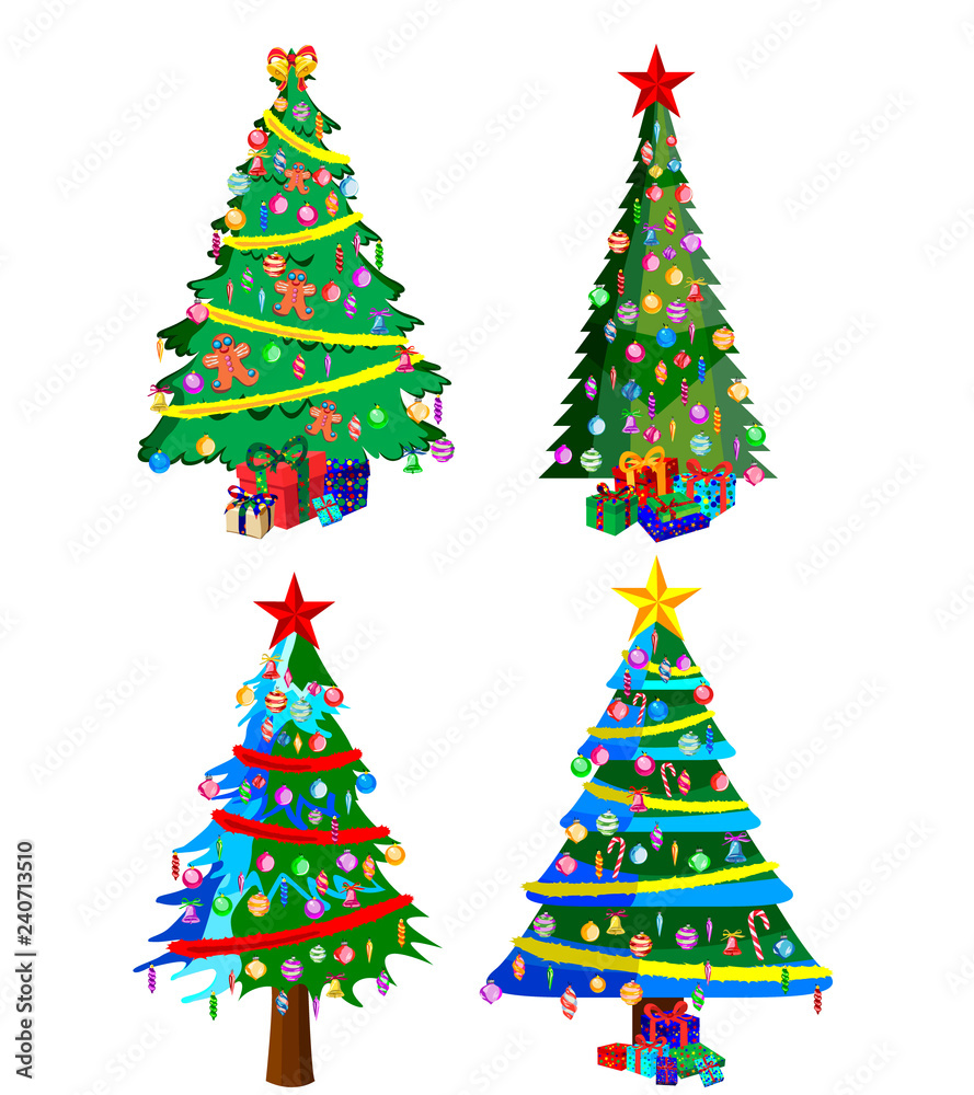 Star decorations, balls and light chains decorated Christmas trees with lots of gift boxes. Star decorations, balls and light chains decorated Christmas trees with lots of gift boxes.