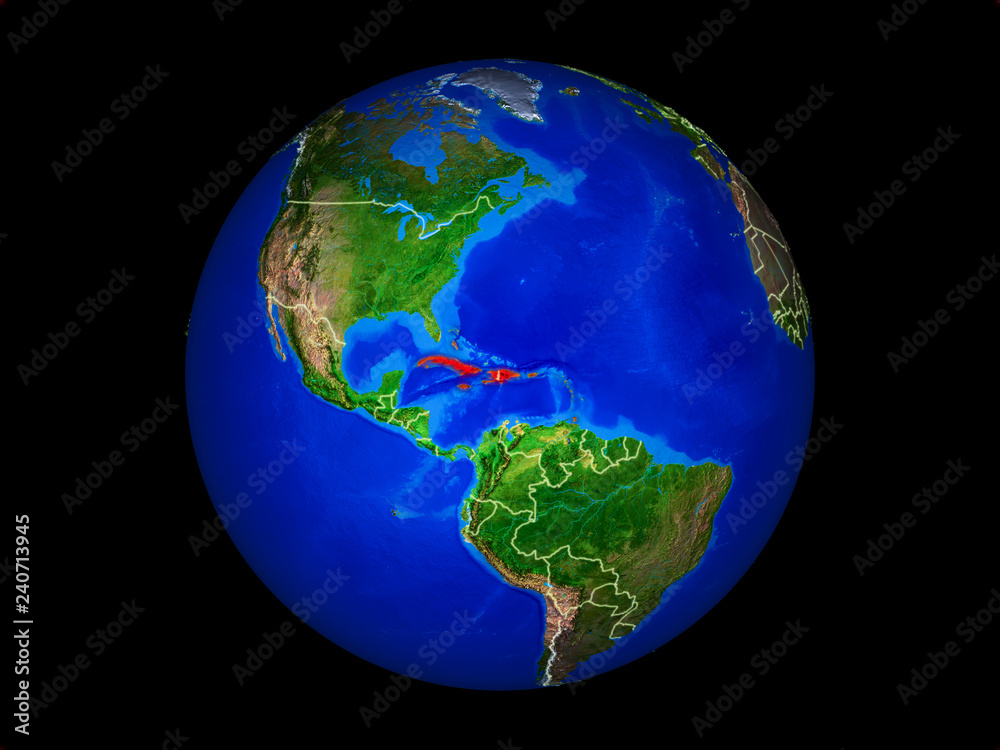 Caribbean on planet planet Earth with country borders. Extremely detailed planet surface.