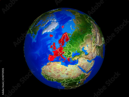 Western Europe on planet planet Earth with country borders. Extremely detailed planet surface.