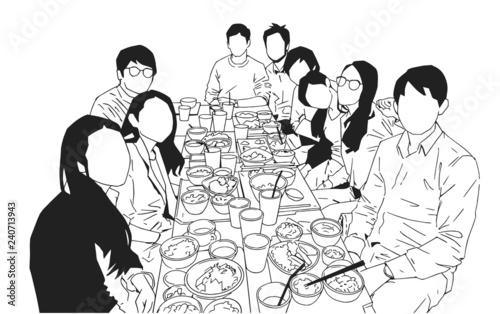 Illustration of multi ethnic people students having dinner party celebration in black and white