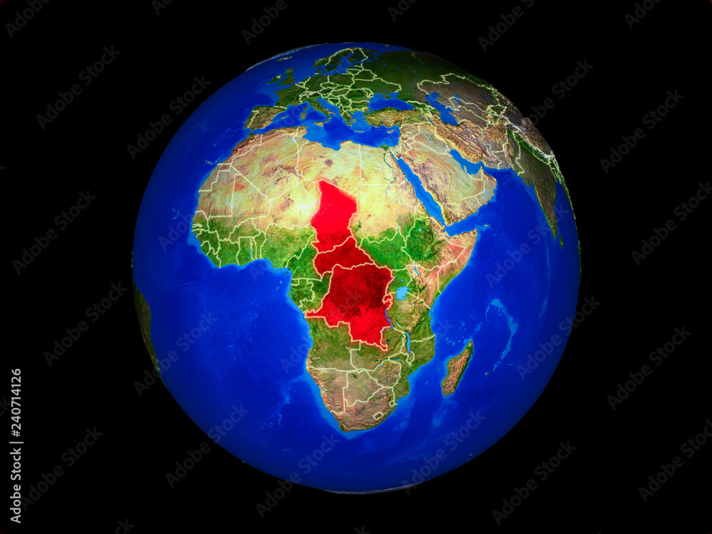 Central Africa on planet planet Earth with country borders. Extremely detailed planet surface.