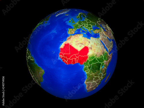 Western Africa on planet planet Earth with country borders. Extremely detailed planet surface.