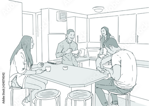 Illustration of young people students drinking morning coffe in shared house kitchen