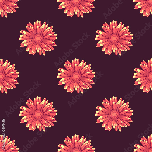 Seamless pattern with pink and orange daisy flowers on dark violet background