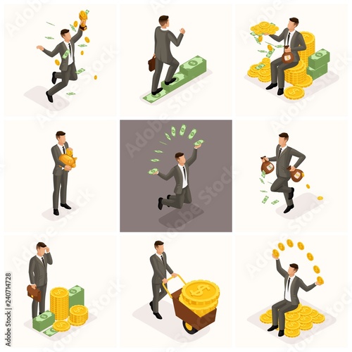 Trendy isometric people, 3d businessman, concept with young businessman, money, success, gold, wealth, joy, work, start-up on a light background