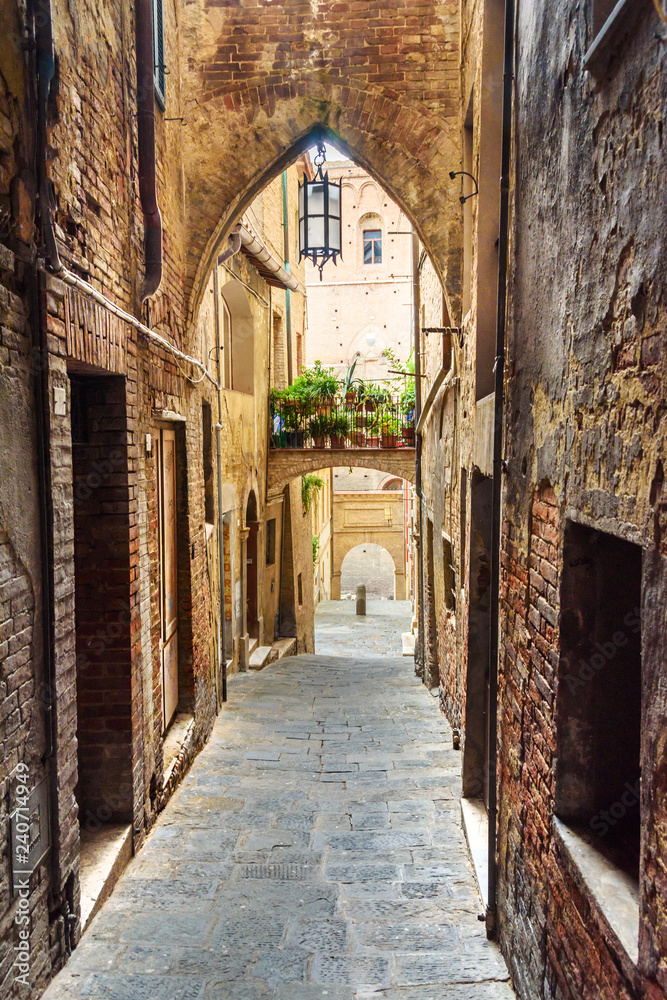 Medieval narrow street Vicolo Delle Scotte in Siena, Tuscany, Italy.