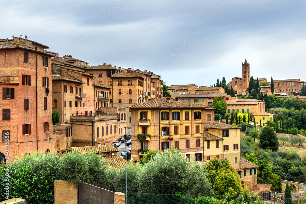 View on old city of Siena from Piazza del Mercato. Italy