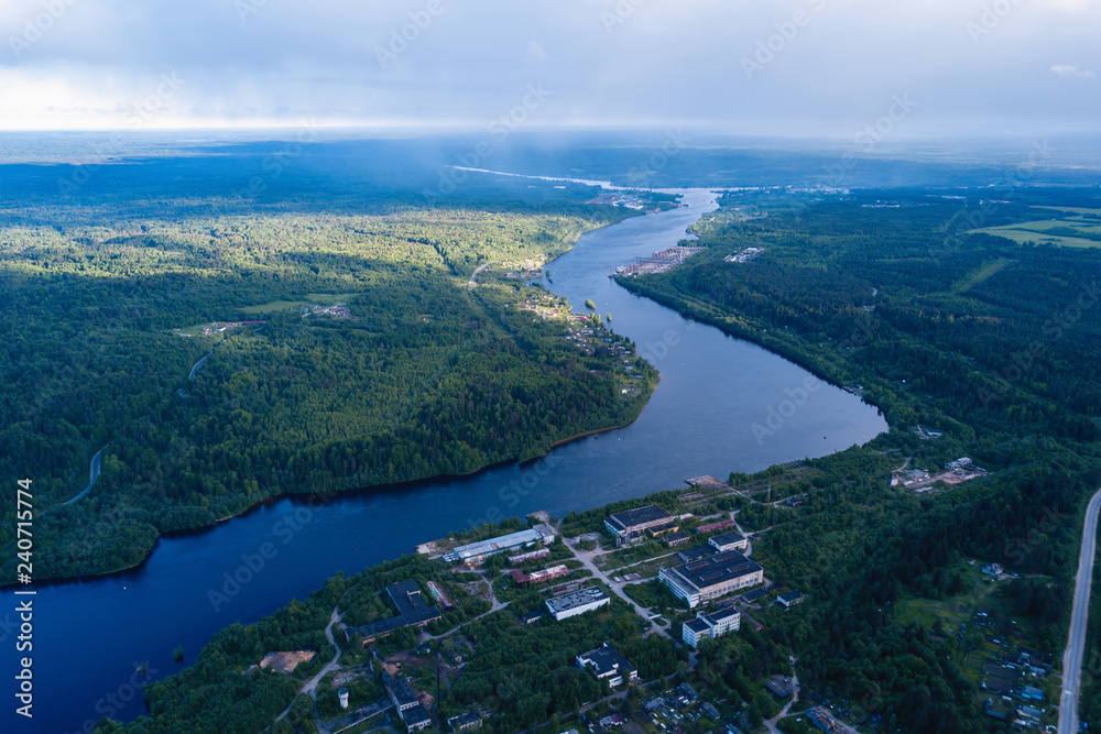 Bird's eye view of Svir river and green forests of Leningrad region, Russia.