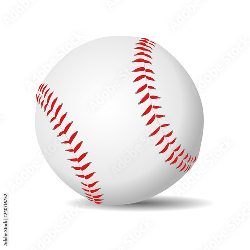 Baseball ball realistic in white leather with red stitches