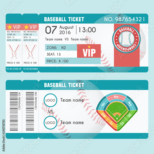 Baseball Ticket Modern Design. Baseball ball, bat, field. Vector illustration
